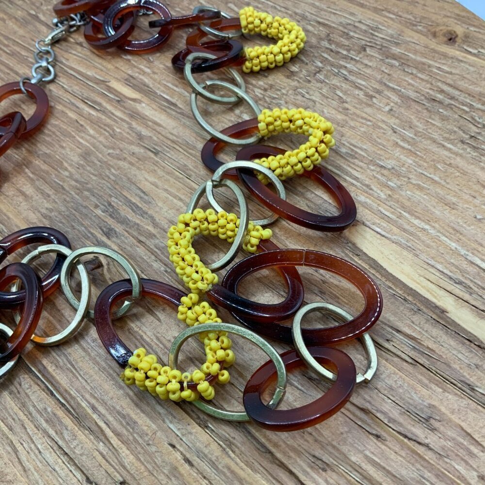 Est. 1946 Acrylic Tortoise Oval Rings Yellow Beaded Gold Tone Necklace